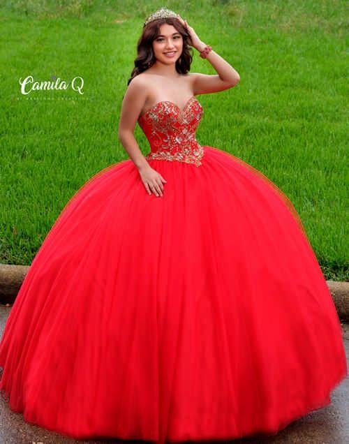 Step into the spotlight with the stunning Camila Q Q17004 Red Quinceanera Dress. This size 14 ball gown features a strapless design and a gorgeous red color that will make you stand out. Whether it's for a formal event or a special occasion, this dress is sure to make a statement. Elevate your look and feel confident in this elegant gown.  Camila Q quinceanera Long Tulle Ballgown Formal Dress Party Strapless    Available Sizes: 14  Available Colors: Red/Gold