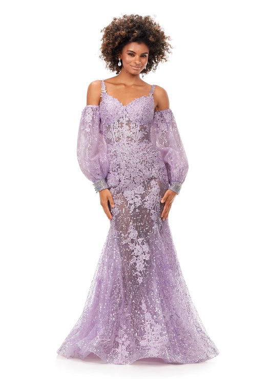 Ashley Lauren 11335 This stunning spaghetti strap sequin applique gown with appliques features an illusion corset bodice. The look is complete with a trumpet skirt and detachable puff sleeves. Spaghetti Straps Open Back Detachable Puff Sleeves Sequin Applique COLORS: Lilac, Sky