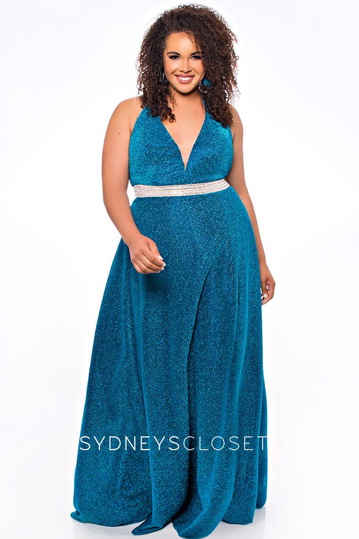 Sydneys Closet SC7289 Plunging V neckline with mesh panel embellished belt long a line shimmer prom dress plus sized formal evening gown