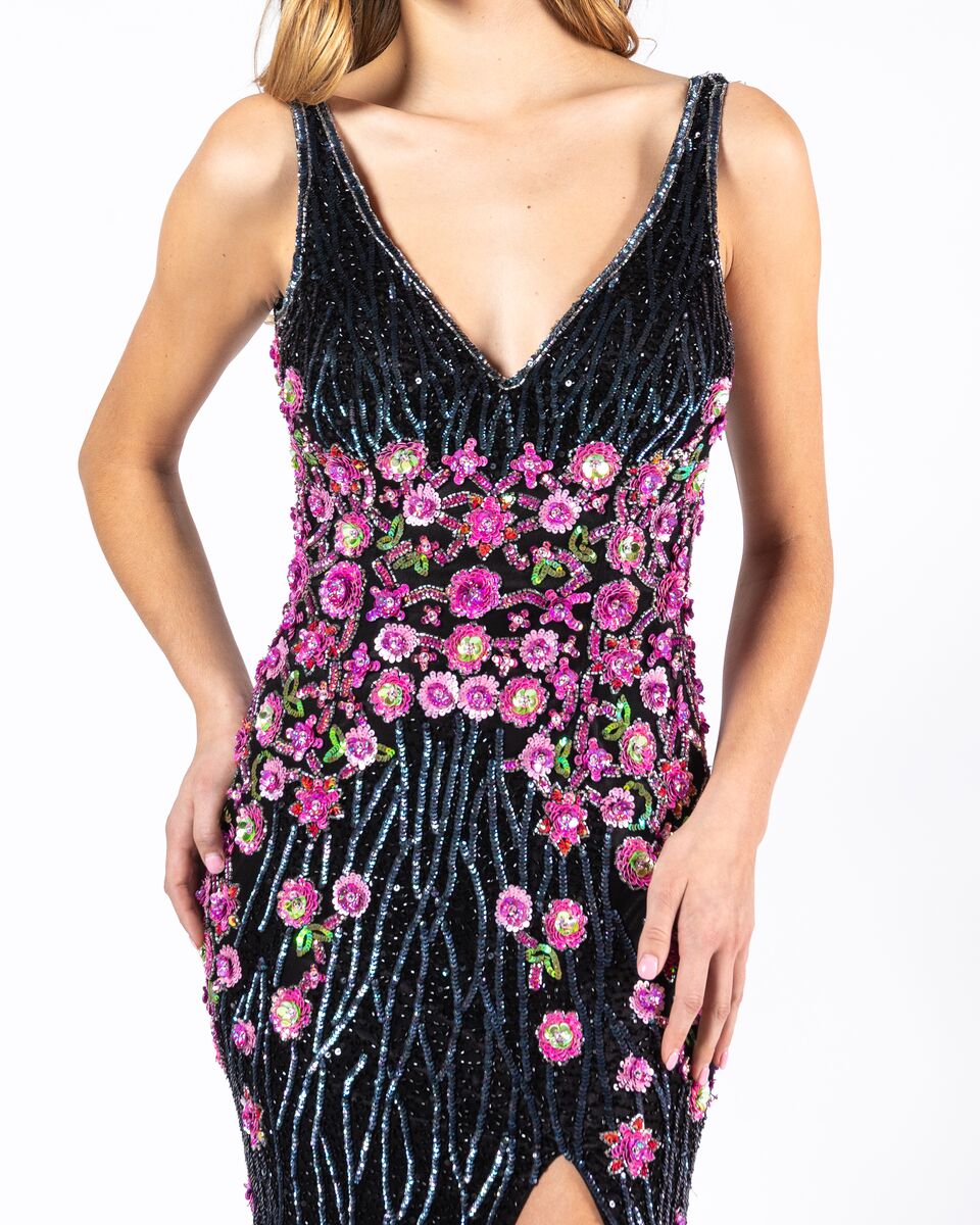 Primavera Couture 3238 Prom Dress Pageant Gown his fully beaded gown features thick straps, a side slit, an open back, and stunning floral beading at the waist than spreads toward the bottom.  Floral multi embellished prom dress.     Black Multi Size 6 
