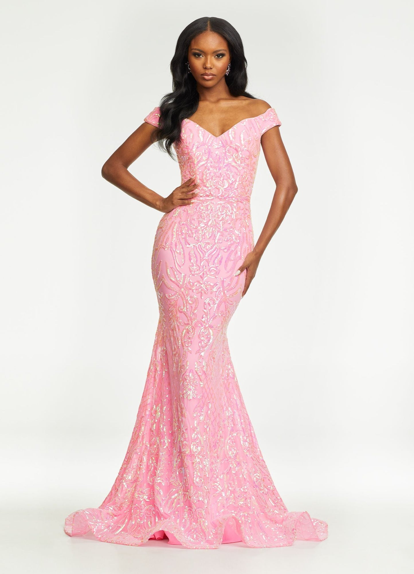 Ashley Lauren 11112 Size 2 Baby Pink Prom Dress Off the Shoulder Stretch Sequin Gown