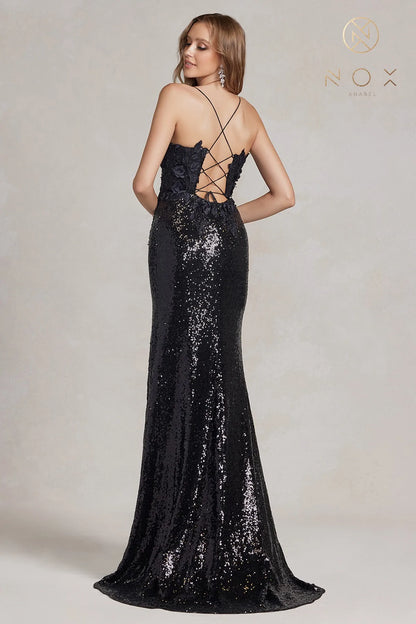 Nox Anabel R1207 Long Iridescent Floral Lace Sequin Prom Dress Slit Backless Corset Gown  Sizes: 00-16  Colors: Black, Emerald, Light Purple, Turquoise