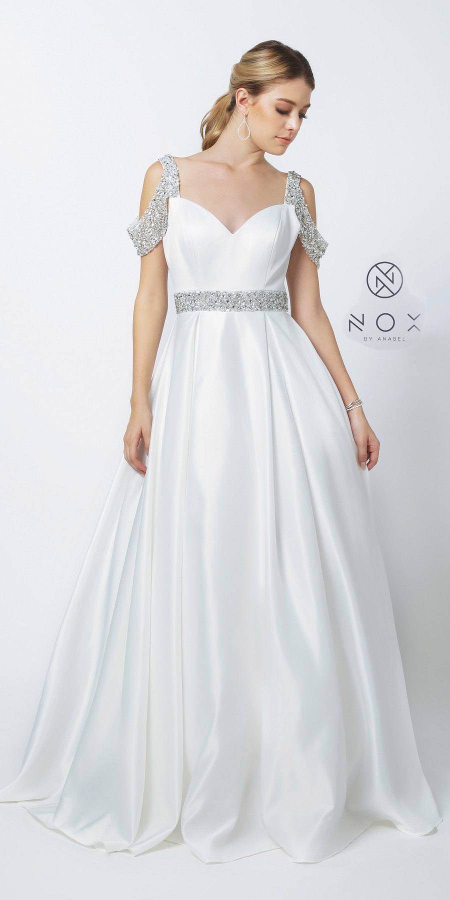 Nox Anabel R224W Long Satin A Line Ballgown Pockets Off the shoulder Dress Pageant prom Bridal Gown sweetheart neckline with beaded embellished cold shoulders strap and waistband. The open back has a zipper closure while the skirt reveals a pleated detail and flows into a full length A-line silhouette 