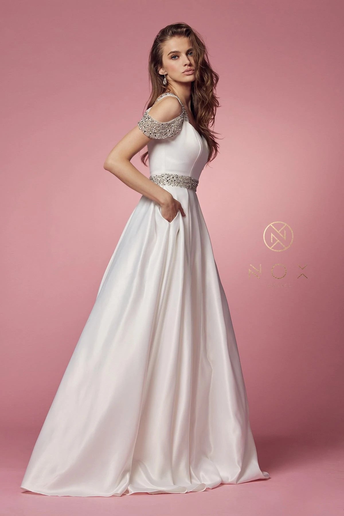 Nox Anabel R224W Size 2, 4, 8, 16 White Long Satin A Line Ballgown Pockets  Off the shoulder Dress Pageant Bridal