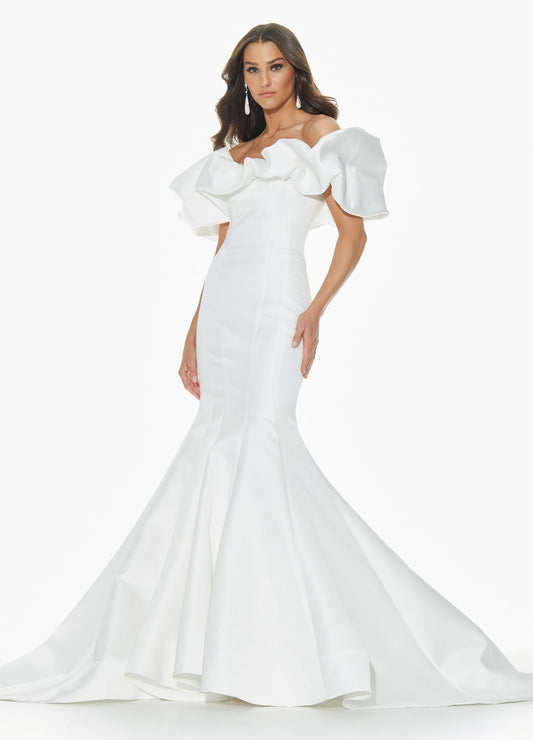 Ashley Lauren 11041 Absolutely breathtaking bridal gown featuring and off the shoulder ruffle neckline. The ruffle on this wedding dress gives way to a multi-seamed bodice that is sure to provide you with a contoured fit. The fit and flare skirt is complimented with a long train that ensures all eyes on you.  Color Ivory  Size 6  Off Shoulder Train Mermaid Silhouette Mikado