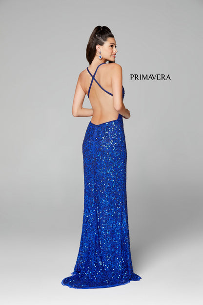 Primavera Couture 3295 Size 0, 4, 8 Ivory Prom Dress V Neckline Sequins Backless Slit Formal Evening Gown