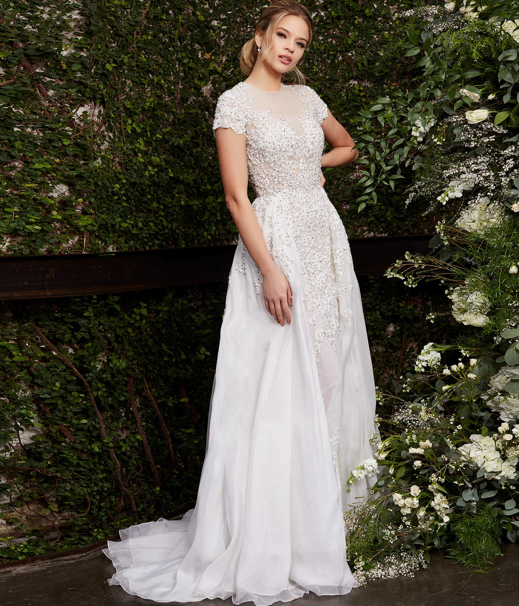 Jovani Bridal S50581 Short Sleeve Beaded Wedding Gown Overskirt