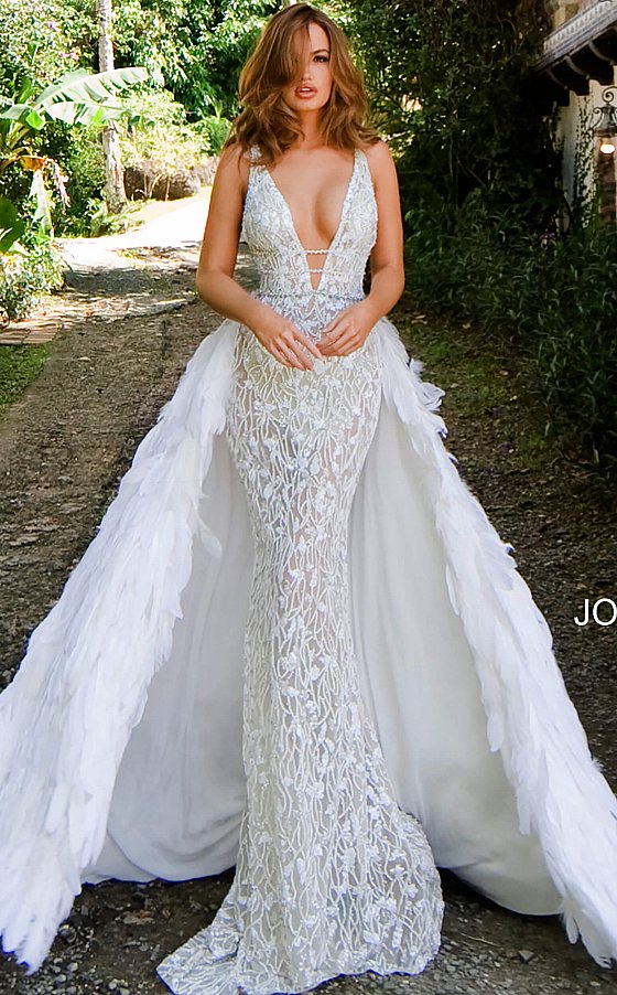 Jovani S62942 62942 Couture Feather Wedding Dress Pageant Gown Overskirt Over Skirt Bridal Train Glass Slipper Formals