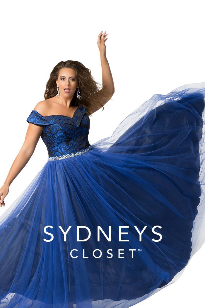 Sydney's Closet 7240 size 14 royal/black off the shoulder prom dress evening gown