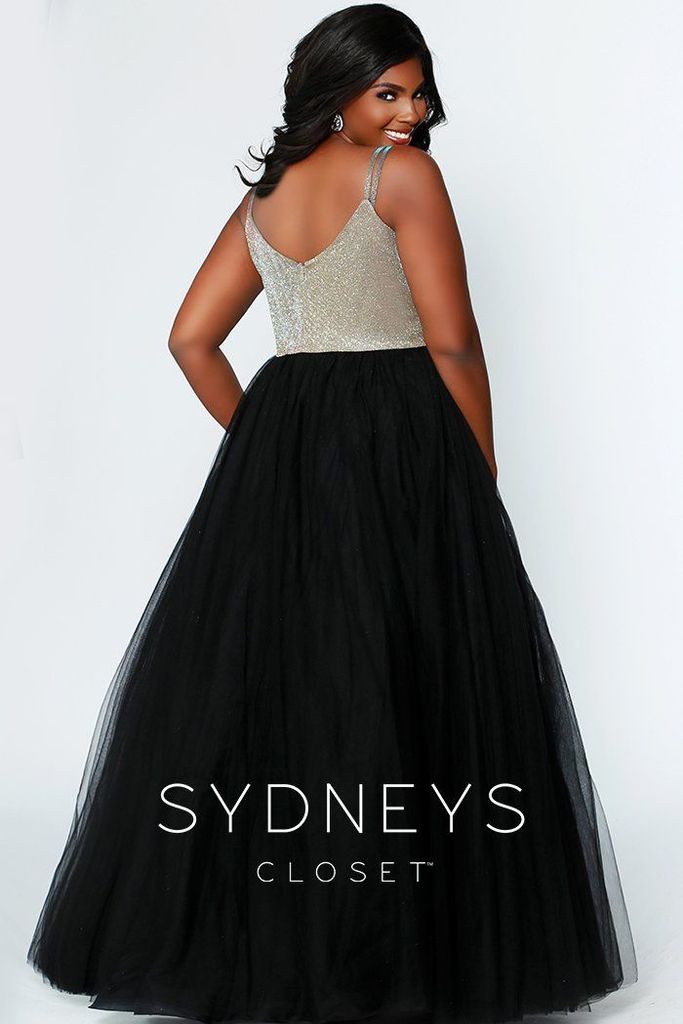 Sydneys Closet 7265 Size 14 Gold Black plus size prom dress A Line Shimmer Ballgown