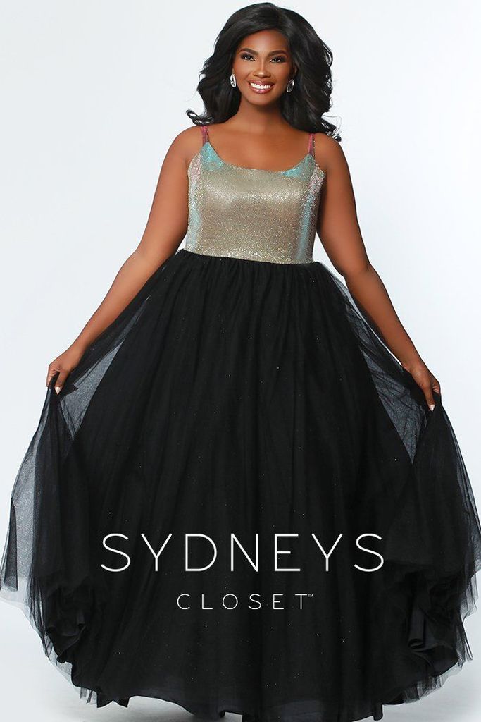 Sydneys Closet 7265 Size 14 Gold Black plus size prom dress A Line Shimmer Ballgown