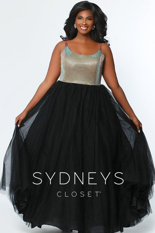 Sydneys Closet 7265 Size 14 Gold Black plus size prom dress A Line Shimmer Ballgown