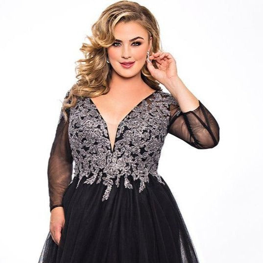 Sydneys Closet SC7299 V neckline three quarter sheer sleeves embellished bodice and tulle skirt prom dress evening gown ball gown  Available colors: Black Silver