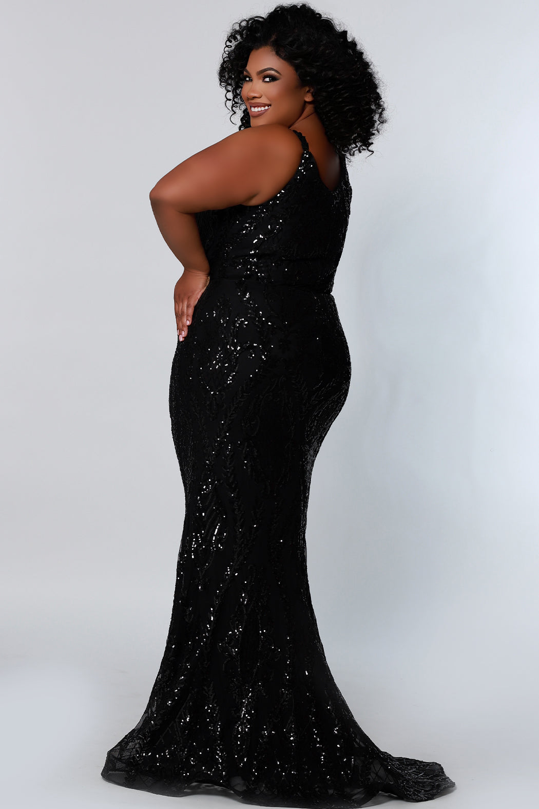 Sydneys Closet SC7332 Long Fitted Sequin Formal Plus Size Prom Dress Evening Gown SC7332 Color: Black/Black Size Availability: 14-32 Slim A-line silhouette Scoop neckline ½ inch straps covered in lace Scoop back Center back zipper Sequins over stretch knit 5 inch train 2 inch horsehair hem