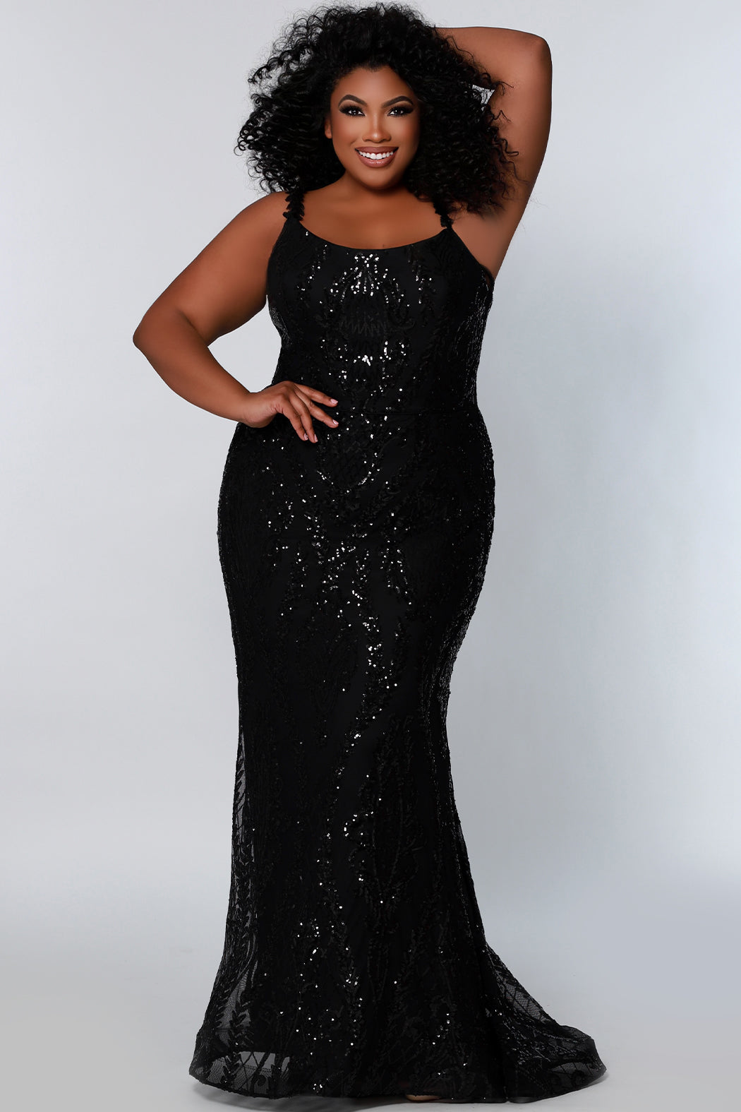 Sydneys Closet SC7332 Long Fitted Sequin Formal Plus Size Prom Dress Evening Gown SC7332 Color: Black/Black Size Availability: 14-32 Slim A-line silhouette Scoop neckline ½ inch straps covered in lace Scoop back Center back zipper Sequins over stretch knit 5 inch train 2 inch horsehair hem