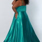 Sydneys Closet SC7338 Long A Line Plus Size Formal Prom Dress V Neck Gown Colors: Canary, Cardinal, Parakeet Size Availability: 14-32 Slim A-line Scoop neckline Matching mesh insert (7.5 inches long) 1 inch waistband Pockets ¼ inch straps, adjustable Shiny satin Fully lined
