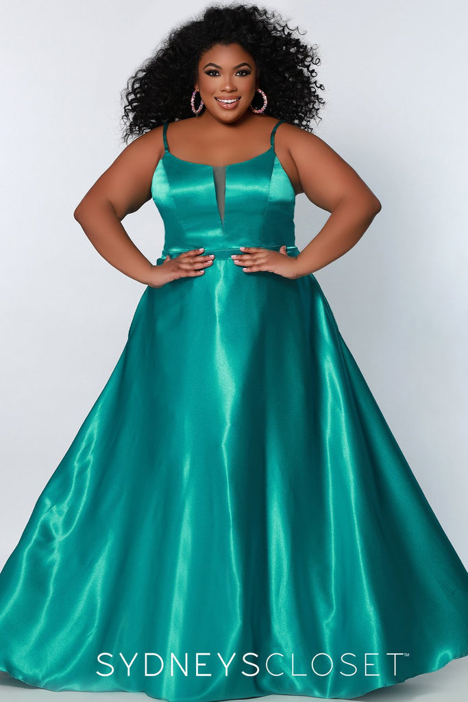 Sydneys Closet SC7338 Long A Line Plus Size Formal Prom Dress V Neck Gown Colors: Canary, Cardinal, Parakeet Size Availability: 14-32 Slim A-line Scoop neckline Matching mesh insert (7.5 inches long) 1 inch waistband Pockets ¼ inch straps, adjustable Shiny satin Fully lined
