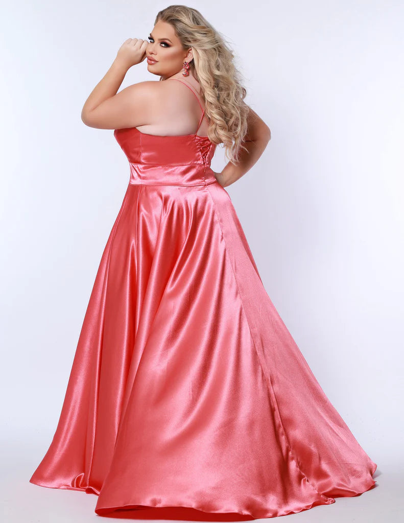 Sydney's Closet SC7355 A Line Satin Plus Size Prom Dress Slit V Neck Formal Gown Corset  Color: Apricot, Lemon, Lime, Raspberry Size: 14-32 A-Line silhouette Spaghetti Straps Sweetheart neckline Lace-up back with modesty panel A-line skirt with slit Pockets Fully Lined
