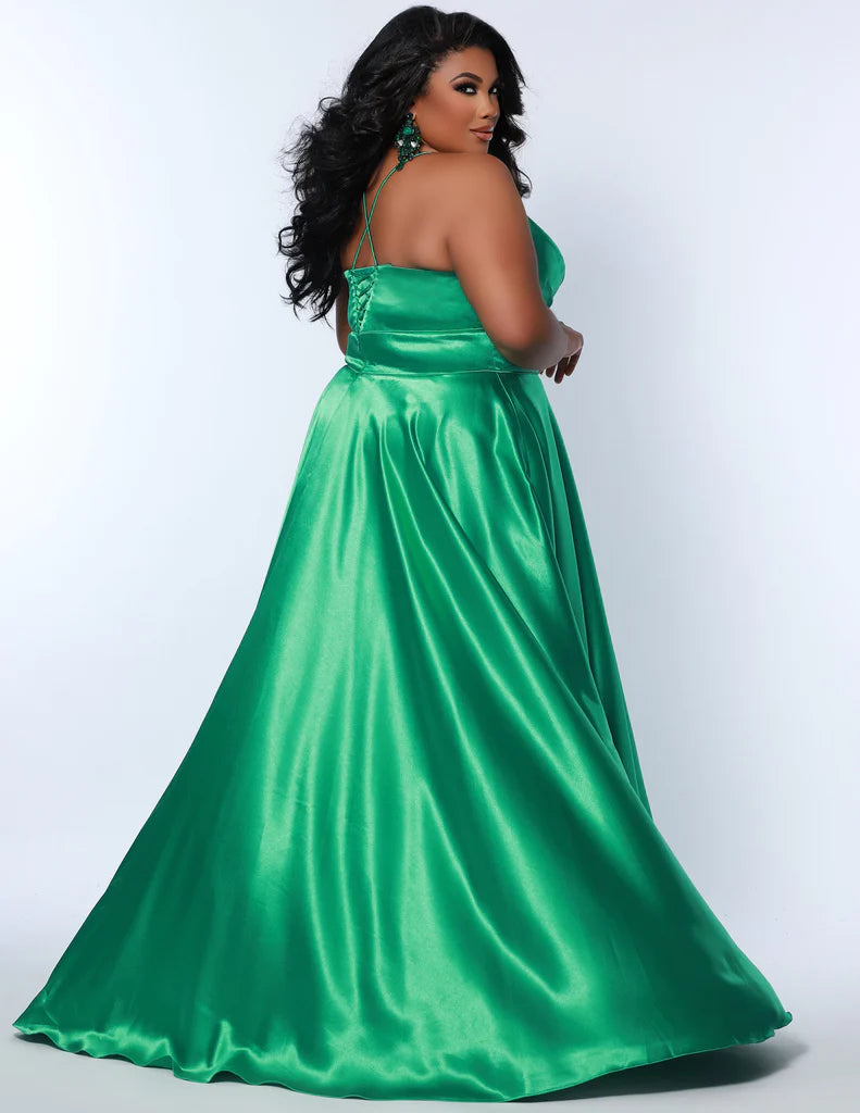 Sydney s Closet SC7355 A Line Satin Plus Size Prom Dress Slit V Neck Formal Gown Corset