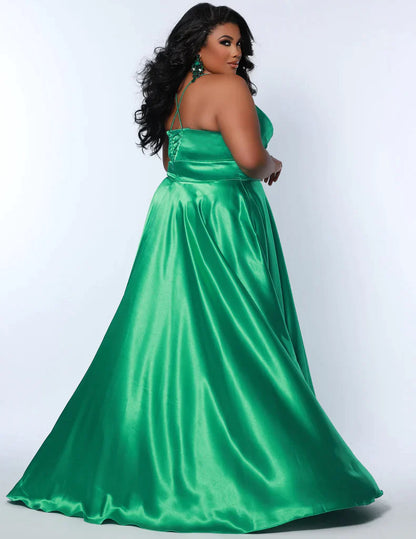 Sydney's Closet SC7355 A Line Satin Plus Size Prom Dress Slit V Neck Formal Gown Corset  Color: Apricot, Lemon, Lime, Raspberry Size: 14-32 A-Line silhouette Spaghetti Straps Sweetheart neckline Lace-up back with modesty panel A-line skirt with slit Pockets Fully Lined