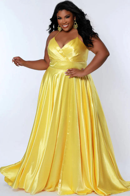 Sydney's Closet SC7355 A Line Satin Plus Size Prom Dress Slit V Neck Formal Gown Corset  Color: Apricot, Lemon, Lime, Raspberry Size: 14-32 A-Line silhouette Spaghetti Straps Sweetheart neckline Lace-up back with modesty panel A-line skirt with slit Pockets Fully Lined