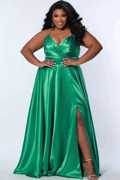 Sydney's Closet SC7355 A Line Satin Plus Size Prom Dress Slit V Neck Formal Gown Corset  Color: Apricot, Lemon, Lime, Raspberry Size: 14-32 A-Line silhouette Spaghetti Straps Sweetheart neckline Lace-up back with modesty panel A-line skirt with slit Pockets Fully Lined