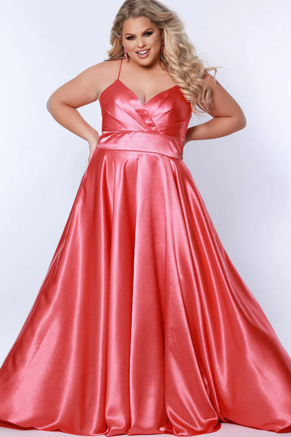 Sydney's Closet SC7355 A Line Satin Plus Size Prom Dress Slit V Neck Formal Gown Corset  Color: Apricot, Lemon, Lime, Raspberry Size: 14-32 A-Line silhouette Spaghetti Straps Sweetheart neckline Lace-up back with modesty panel A-line skirt with slit Pockets Fully Lined