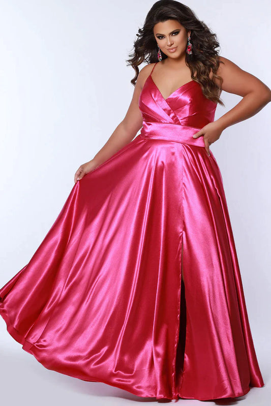 Sydney's Closet SC7355 A Line Satin Plus Size Prom Dress Slit V Neck Formal Gown Corset  Color: Apricot, Lemon, Lime, Raspberry Size: 14-32 A-Line silhouette Spaghetti Straps Sweetheart neckline Lace-up back with modesty panel A-line skirt with slit Pockets Fully Lined