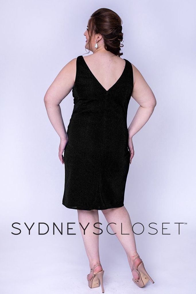 Sydney's Closet 8093 is a short stretch knit shimmering short plus size formal cocktail evening dress. Bra friendly straps with a V Neckline and ruched asymmetrical Bodice. Shimmer Fabric adds a touch of Glam to this simple and accentuating style! Great for Prom, Homecoming & Any formal or semi formal event!  SC8093