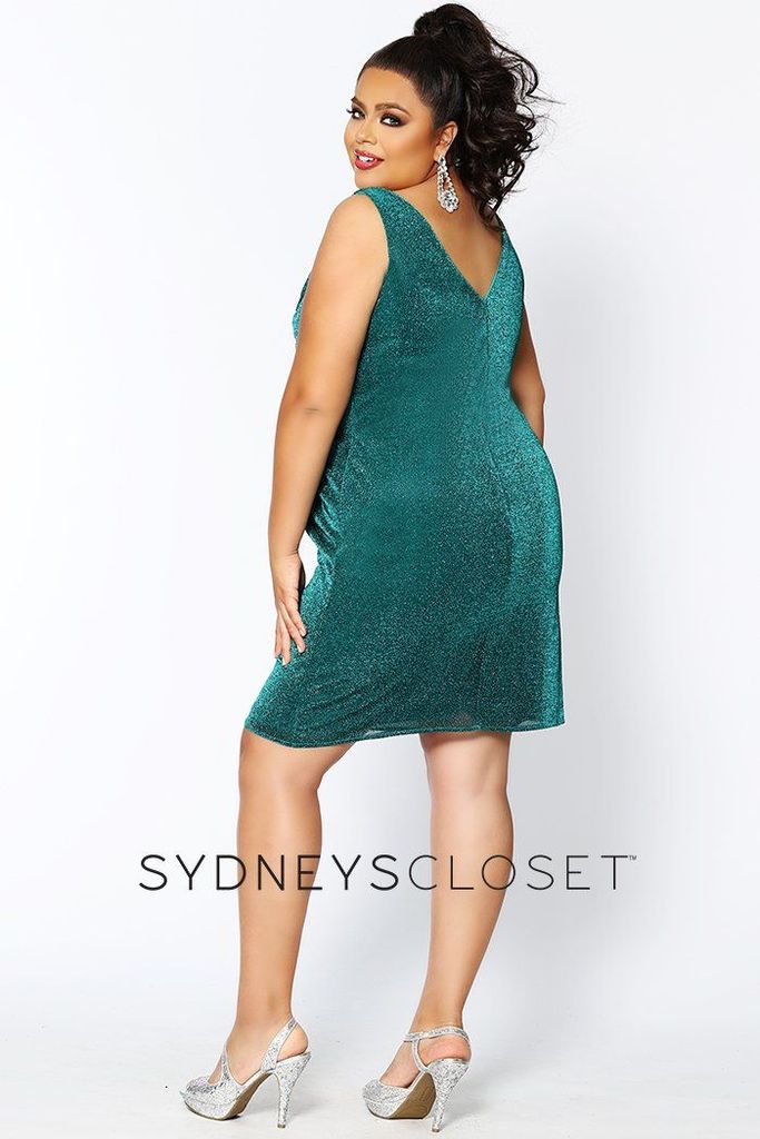 Sydney's Closet 8093 is a short stretch knit shimmering short plus size formal cocktail evening dress. Bra friendly straps with a V Neckline and ruched asymmetrical Bodice. Shimmer Fabric adds a touch of Glam to this simple and accentuating style! Great for Prom, Homecoming & Any formal or semi formal event!  SC8093