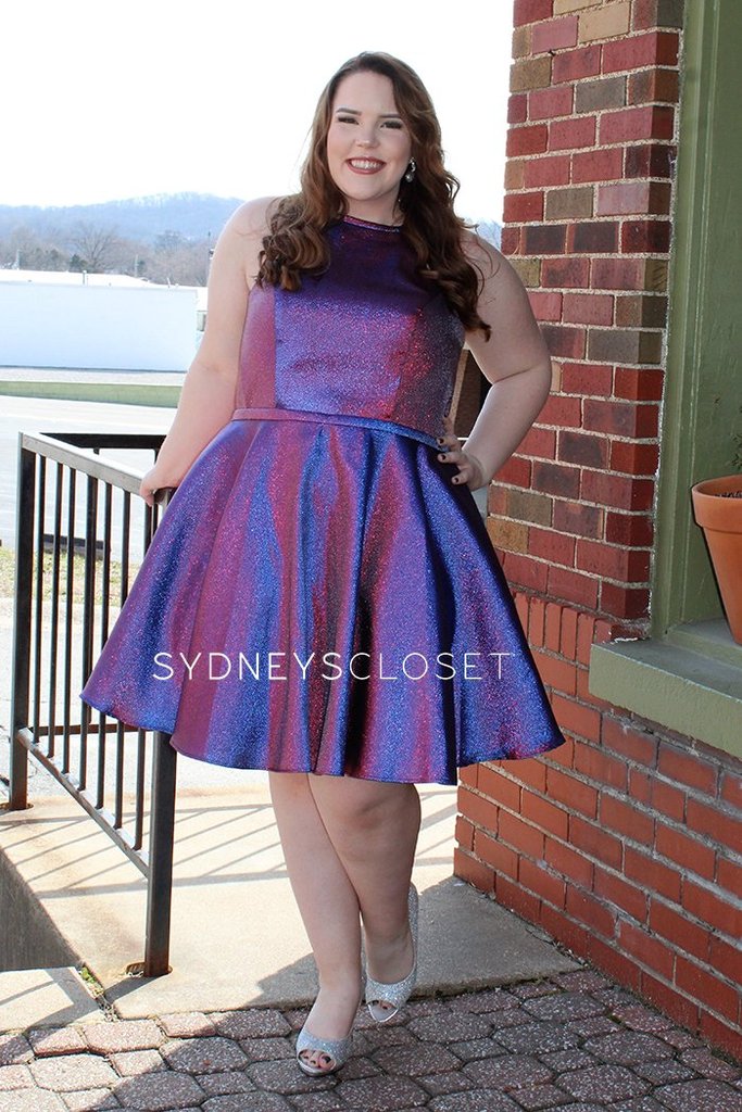 Sydney's Closet 8103 Short Metallic Shimmer Fit & Flare Plus size Cocktail Homecoming Dress. Features Pockets & a Fabulous Color Shifting Mikado! Great for a short prom dress & almost any formal occasion!