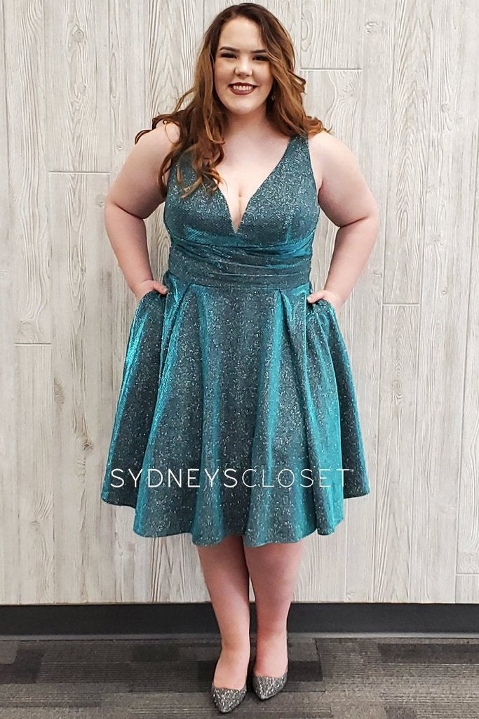 Sydney's Closet SC8108 Size 28 Teal Plus Sized Cocktail Dress Short Metallic Shimmer V Neck