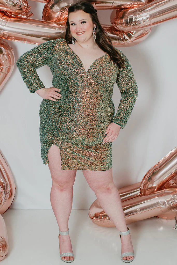 Sydneys Closet SC8111 Size 18 Green Short Sequin Long Sleeve Plus Size – Glass Slipper Formals