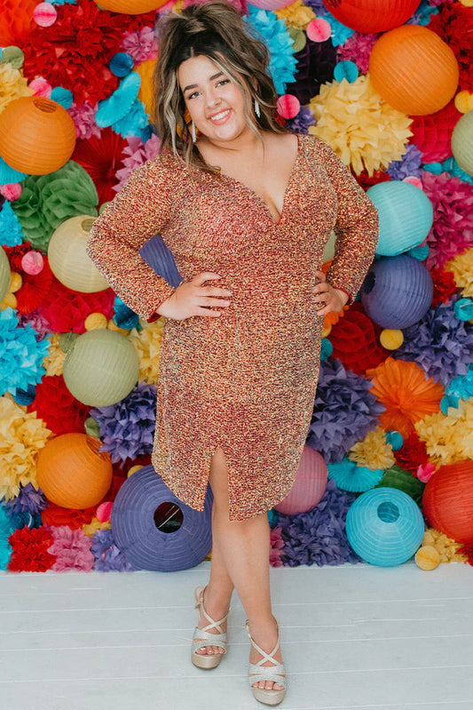 Sydneys Closet SC8111 Short Sequin Long Sleeve Plus Size Formal Cocktail dress V Neck Gown Great for homecoming & any social event!   Colors: Blue Blitz, Firecracker Red, Green Surge Size Availability: 14-28 Multi-colored sequins Slim empire silhouette Above-knee Length V-neckline