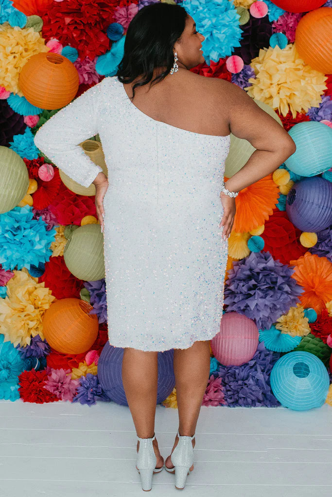 white one shoulder long sleeve sequin dress Plus Size - Studio Sequin One-Shoulder Mini Dress