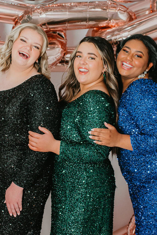 Sydneys Closet SC8112 Plus size Sequin One Shoulder Long Sleeve Cocktail Dress Formal Gown Colors: Hunter Onyx, Pearlescent, Ruby, Sapphire Size availability: 14-32 Fitted/Slim Silhouette Natural waistline One-shoulder Long sleeve Scoop neckline Slit on skirt Paillettes on stretch net Stretch knit lining