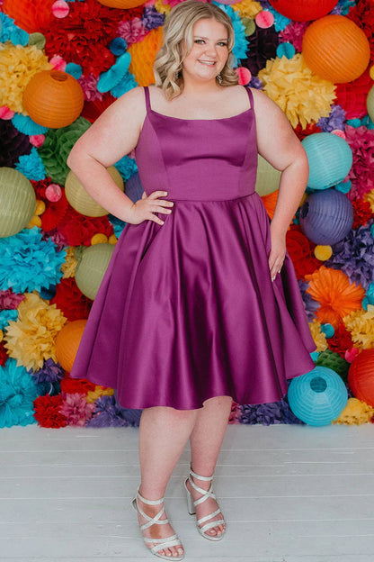 Sydneys Closet SC8115 Size 16 Fuchsia Plus Size Satin A Line Formal Cocktail Dress Homecoming Pockets