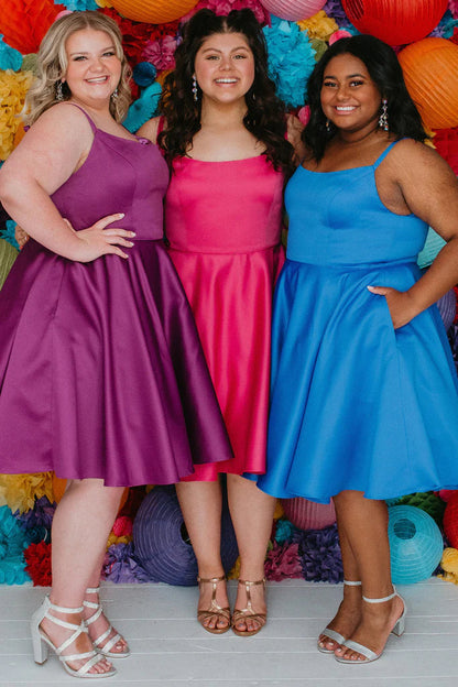 Sydneys Closet SC8115 Size 16 Fuchsia Plus Size Satin A Line Formal Cocktail Dress Homecoming Pockets