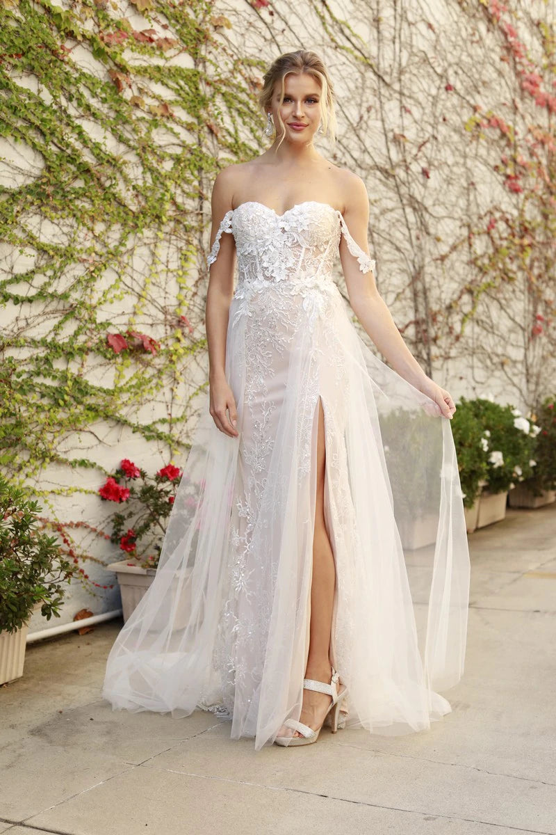 Nox Anabel E441 Size 4, 14 Off the shoulder Sheer Lace Wedding Dress Slit Overskirt Bridal Gown Boho 4 / White/Champagne Nox Anabel E441 Size 4, 14 Off the shoulder Sheer Lace Wedding Dress Slit Overskirt Bridal Gown Boho 4 / White/Champagne