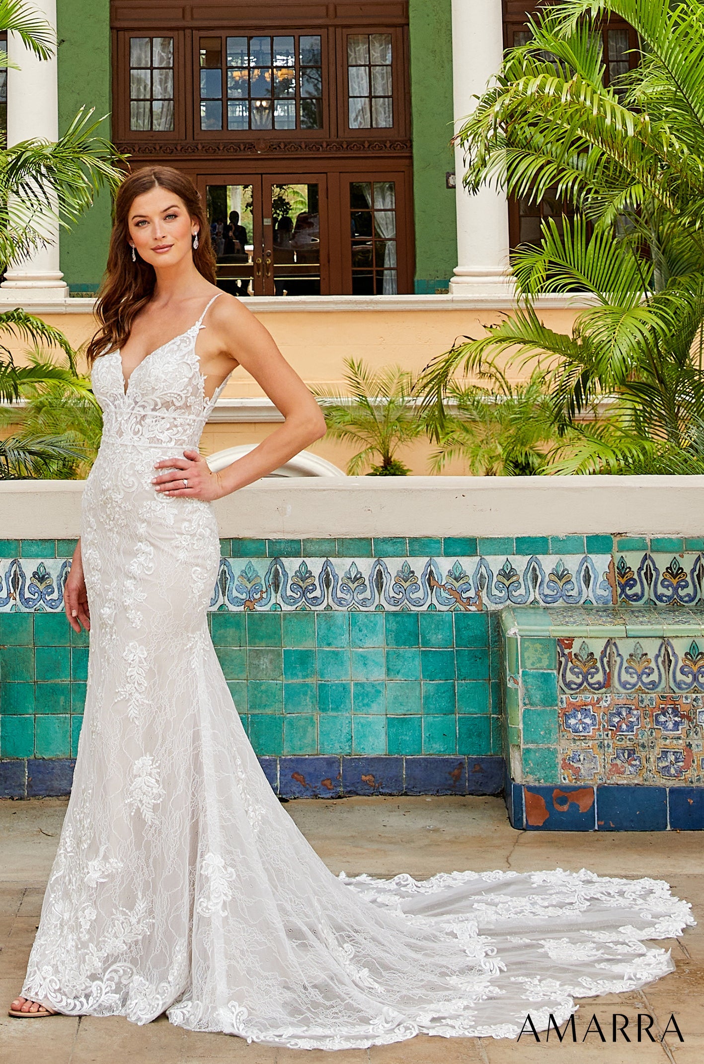 Amarra SADIE 84383 Fitted sheer lace wedding dress Bridal Gown Train V Neck Elegant Look and feel like the beautiful bride you are in this simple, yet stunning slip dress. Featuring a lovely lace design throughout, Sadie is a ravishing wedding dress that’s sure to have all eyes on you. 