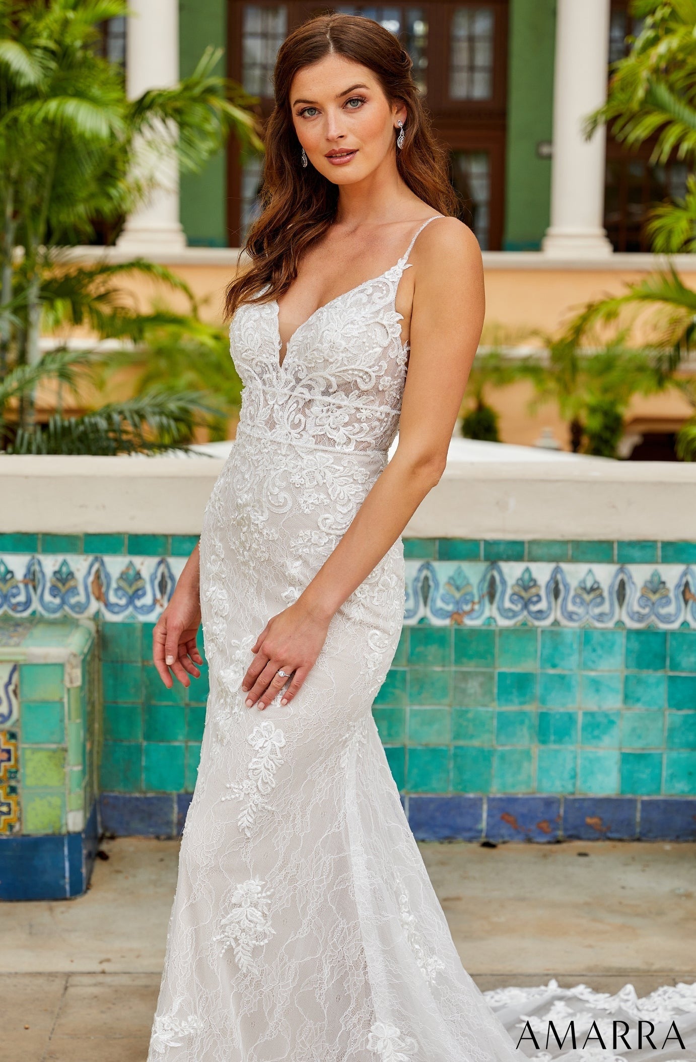 Amarra Bridal Sadie 84383 Size 4 Fitted sheer lace wedding dress Bridal  Gown Train V Neck Elegant