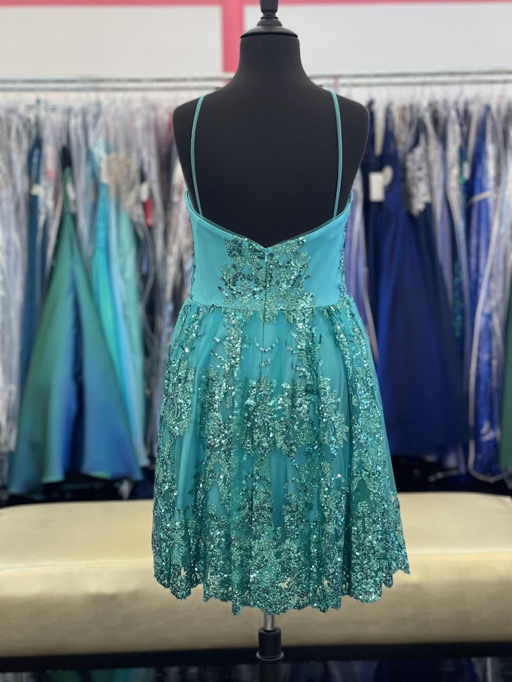 Stella Couture 22756 Size 14 Green Glitter Short Homecoming Dress V Neck Cocktail Gown