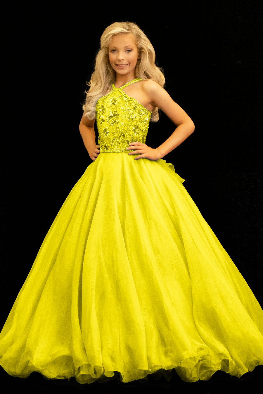 Sugar-Kayne-C143-yellow-girls-pageant-dress-ballgown-front-embellished-satin-organza