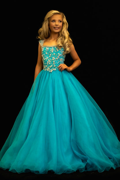 Sugar Kayne C146 Size 12 Girls and Preteen Pageant Dress Embellished Organza Ballgown Turquoise