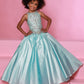 Sugar-Kayne-C187-Cinderella-Blue-Girls-Pageant-Dress-front-high-neckline-embellished-AB-crystal-top-shimmer-metallic-brocade-ballgown-skirt