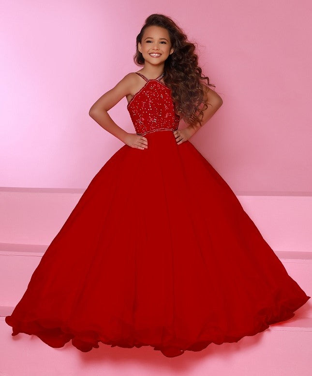 Sugar-Kayne-c143-Red-girls-pageant-ballgown-high-neckline-embellished-lace-organza-kids-gown
