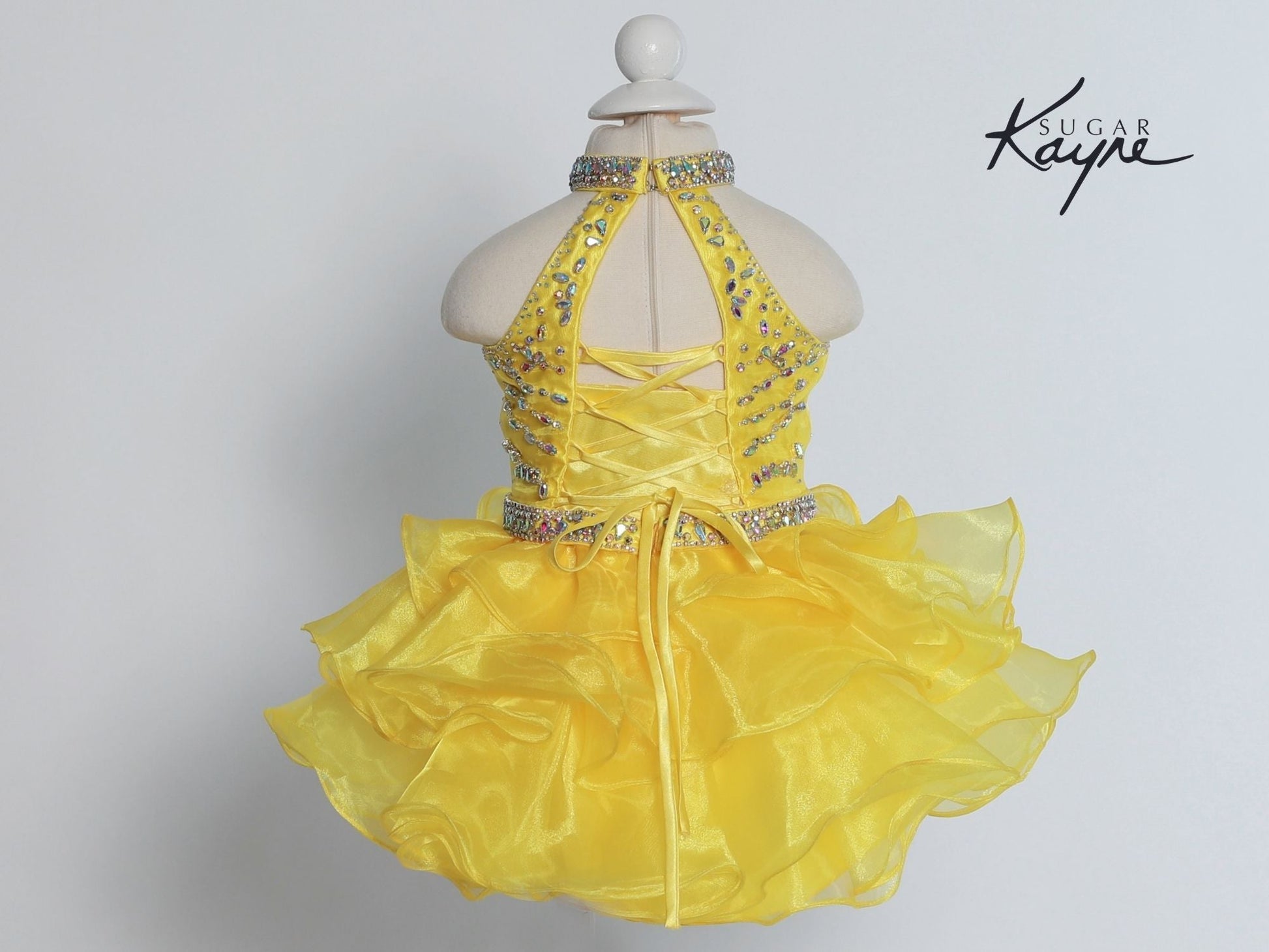 Sugar Kayne C200 Short Ruffle Girls High Neck Cupcake Corset Pageant Dress Rhinestone  Sizes: 0M, 6M, 12M, 18M, 24M, 2T, 3T, 4T, 5T, 6T  Colors: Aqua, Canary Yellow, Neon Pink