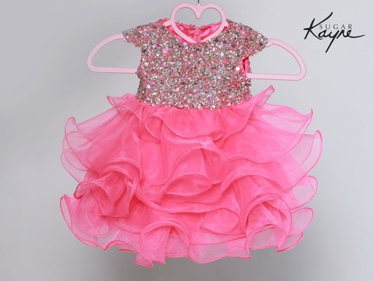 Sugar Kayne C201 Girls Ruffle Cupcake Pageant Dress Crystal Bodice Cap Sleeve Gown   Sizes: 0M, 6M, 12M, 18M, 24M, 2T, 3T, 4T, 5T, 6T  Colors: Turquoise, White, Bubblegum