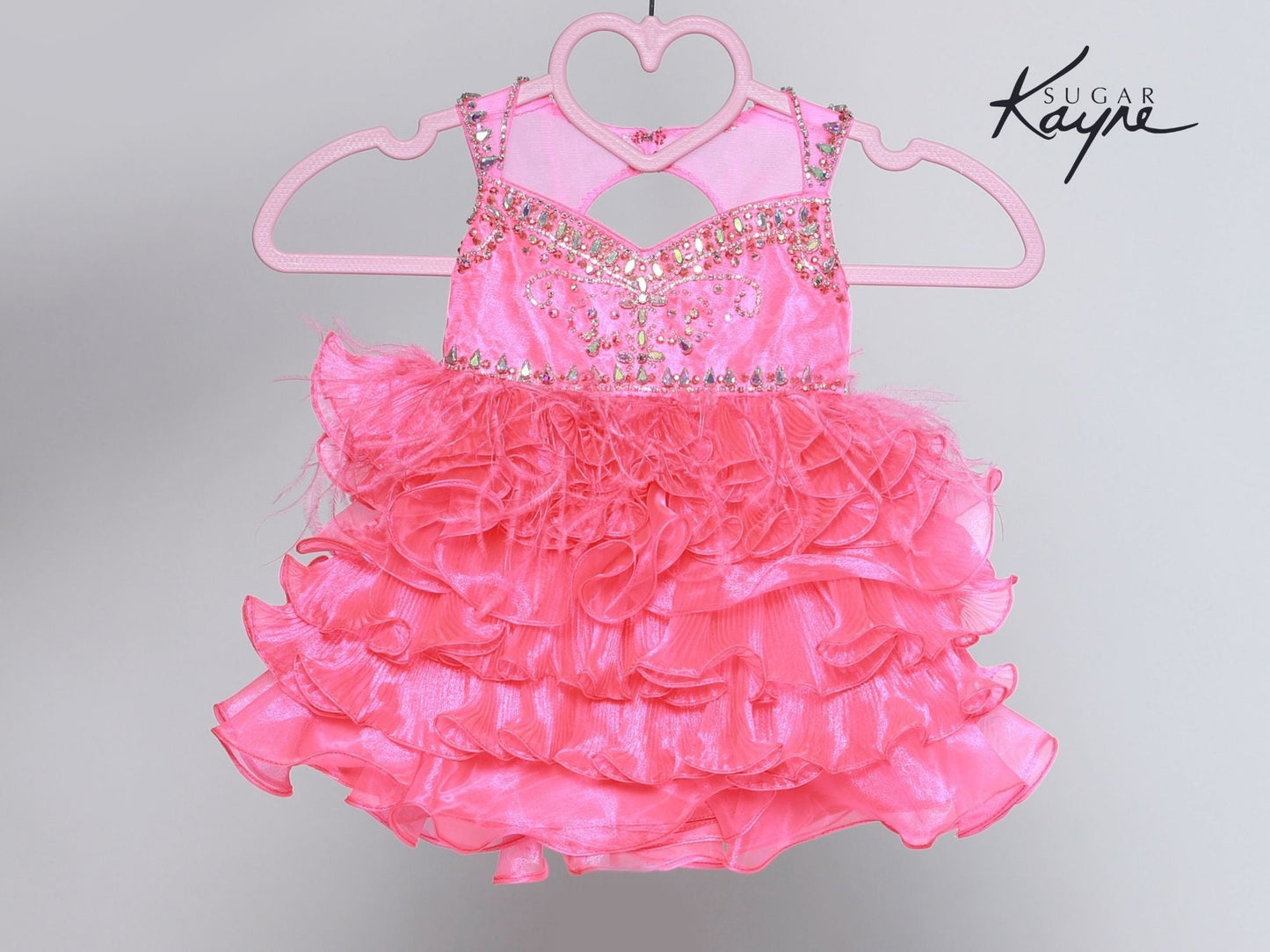 Sugar Kayne C202 Girls Pleated Ruffle Feather Cupcake Pageant Dress Toddle Baby Gown Crystal embellished keyhole cutout back  Sizes: 0M, 6M, 12M, 18M, 24M, 2T, 3T, 4T, 5T, 6T  Colors: Neon Pink, Royal, White
