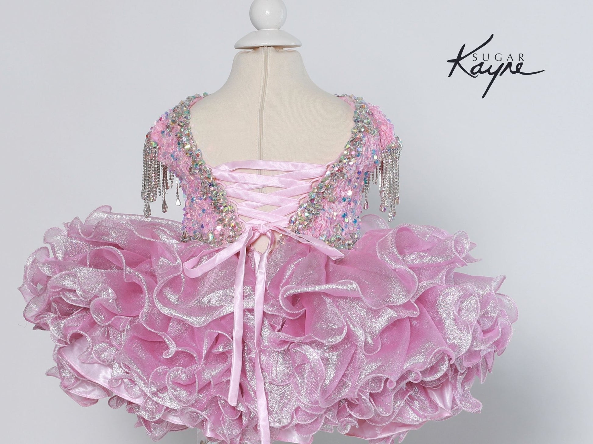 Sugar Kayne C203 Short Girls Cupcake Velvet Sequin Pageant Dress Crystal Fringe Tassel Cap Sleeve corset back  Sizes: 0M, 6M, 12M, 18M, 24M, 2T, 3T, 4T, 5T, 6T  Colors: Cotton Candy, Powder Blue, Unicorn